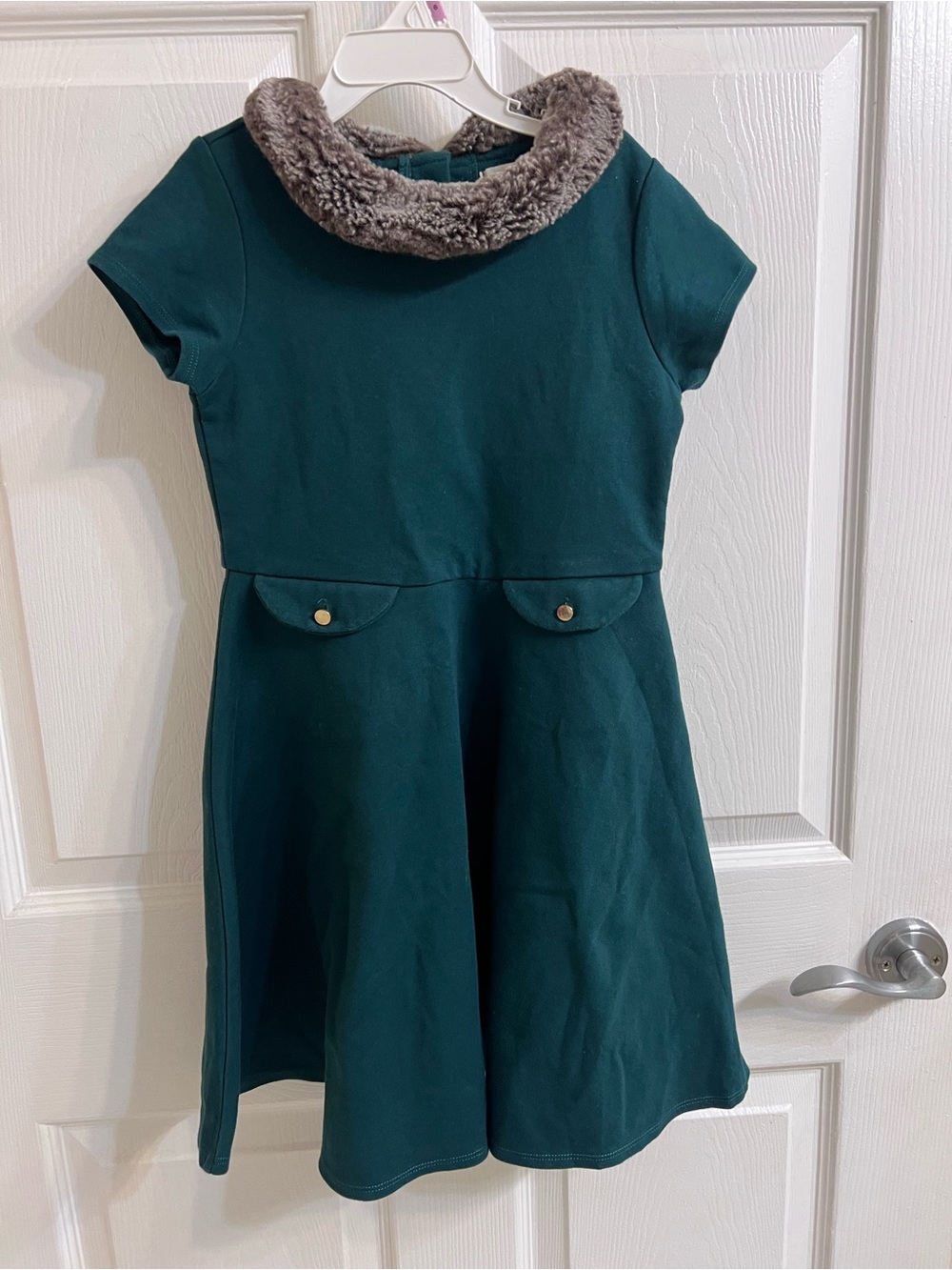 Hope & Henry Girls Green Dress Fur Collar Bow Size 7 Organic Cotton Fit Flare